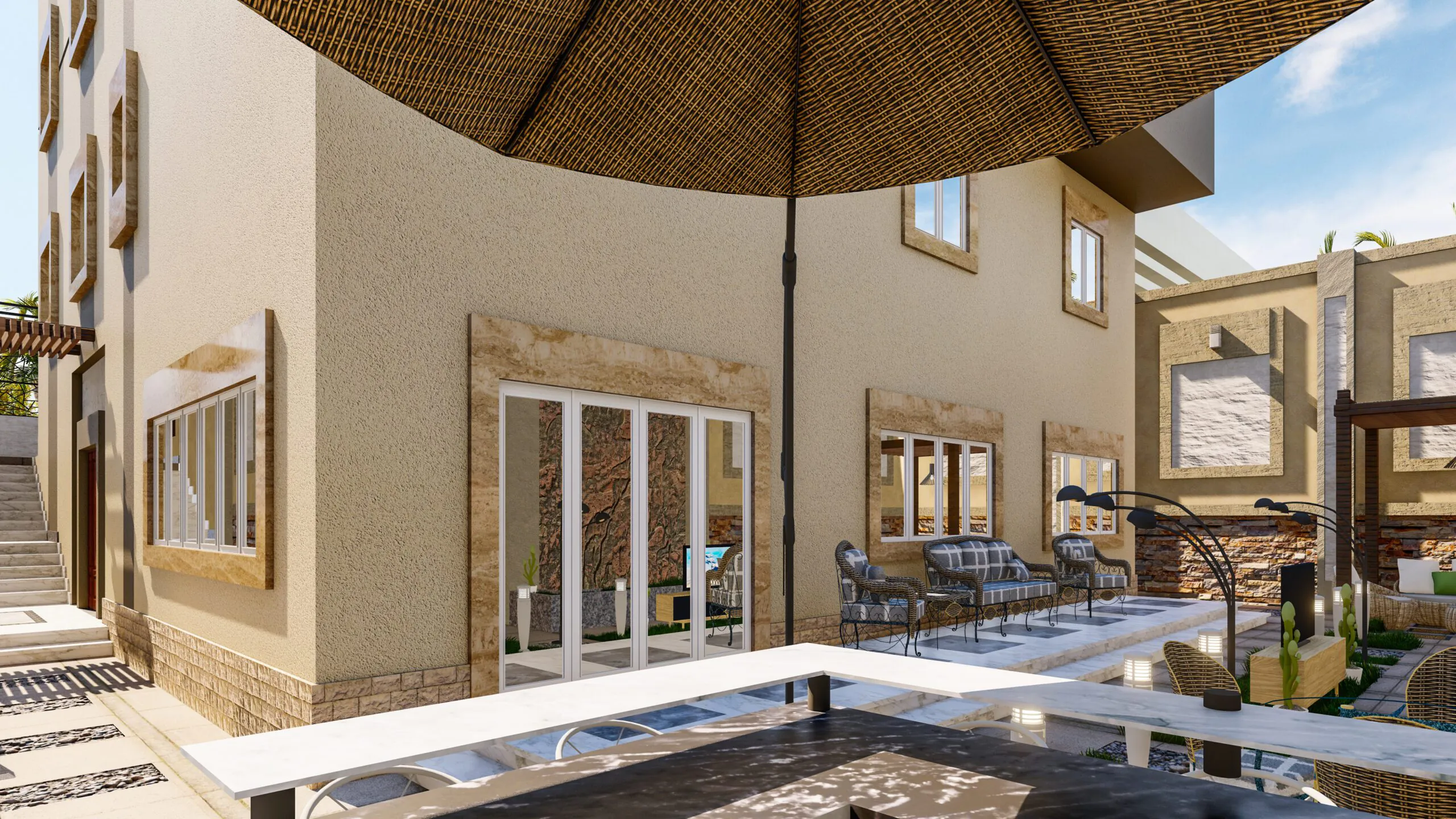 Outdoor Lounge Space: A spacious garden area with sleek furniture, palm trees, and a tranquil atmosphere. Ideal for community or private events.